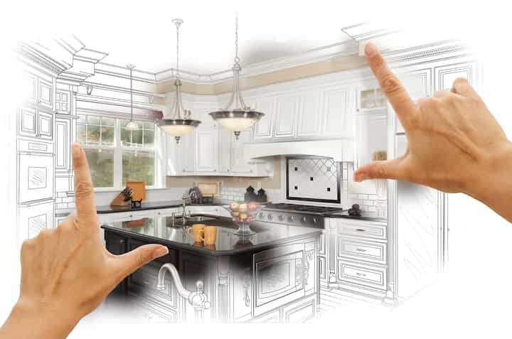 A kitchen renovation design with an open floor plan, featuring a large island and modern appliances in Winchester